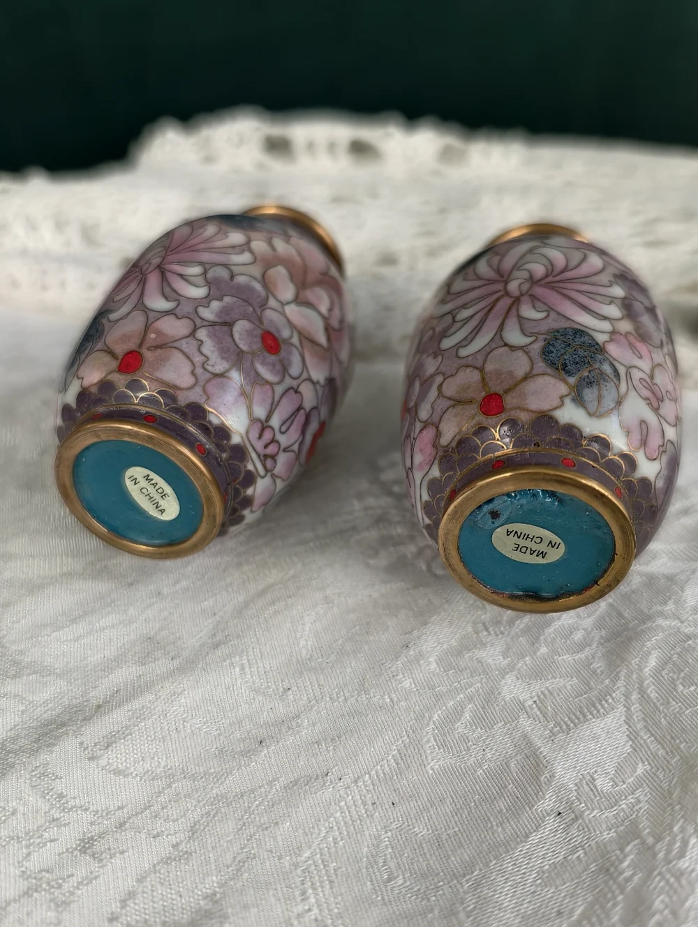 Vintage Cloisonné Floral Mini Pink Vases pair - Picture 4 of 5